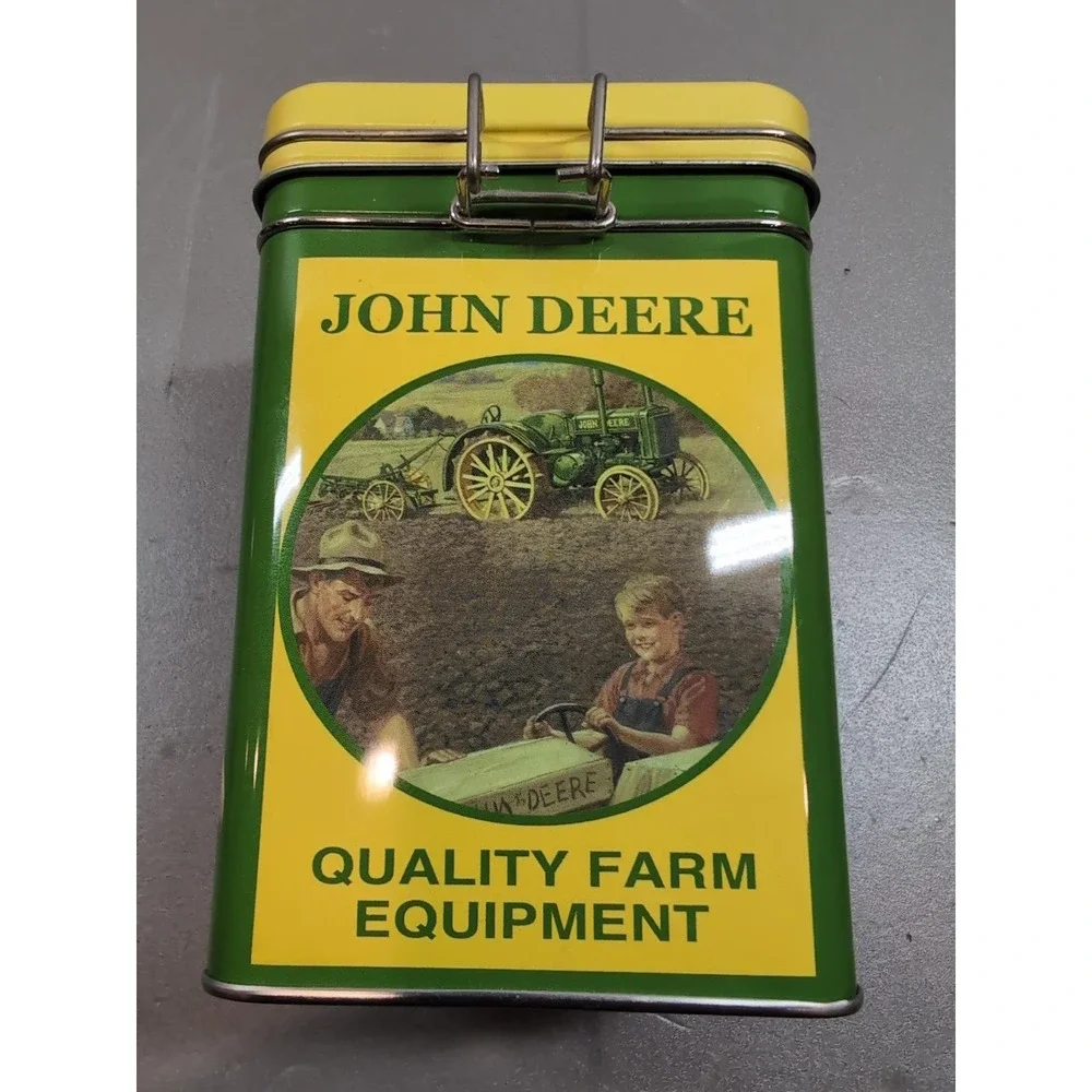 John Deere Metal Tin Box Collectible Storage Latch Lid Green Yellow 7.5 inch
